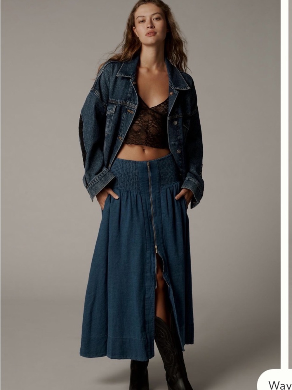 Anthropologie The Tommie Zip-Front Midi Skirt in blue denim, size L